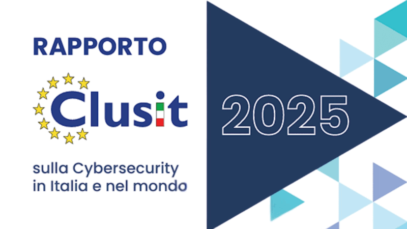 Copertina del Rapporto Clusit 2025 sulla Cybersecurity in Italia e nel mondo: logo Clusit con stelle gialle stile UE a sinistra, grande triangolo blu con scritta 2025 a destra, sfondo con pattern di triangoli azzurri.